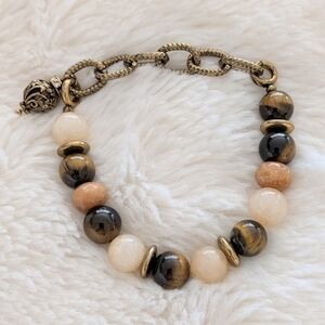 Chico's Bead & Metal Link Bracelet With Charm Tigers Eye Beads/Brass Tone Metal